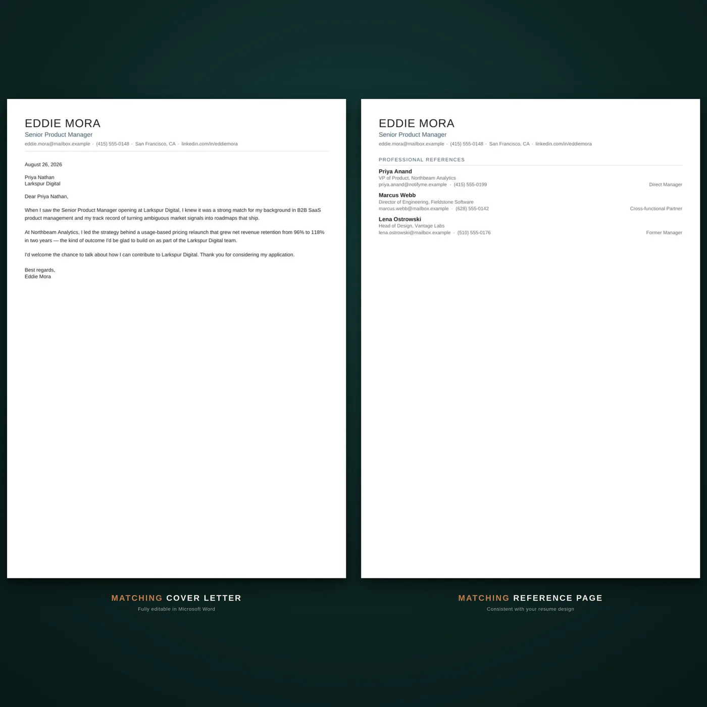 Modern résumé template — the coordinated cover letter and reference page documents