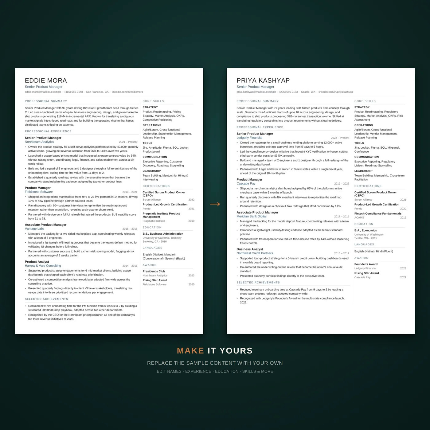 Modern résumé template — a before-and-after showing how quickly the template can be edited