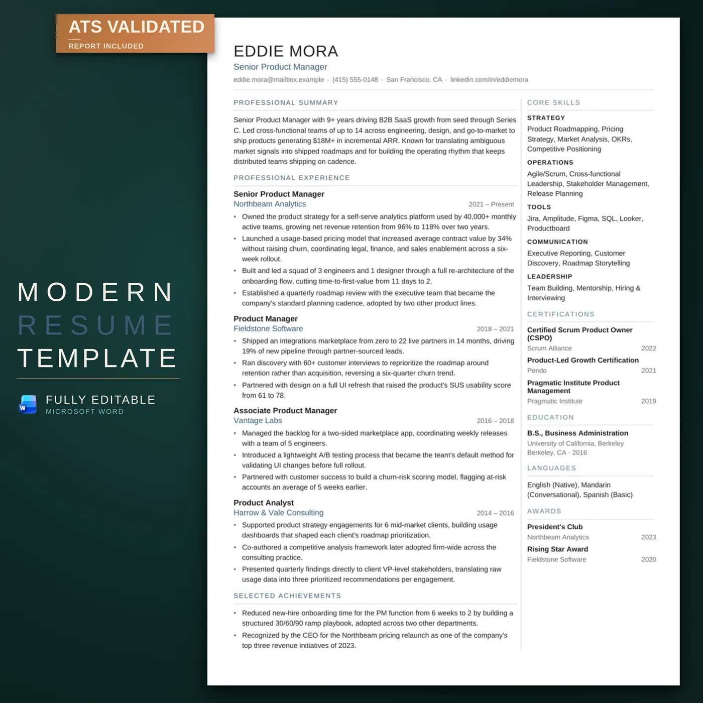 Modern résumé template — the listing hero image — the résumé on the RoberOnix deep-teal brand background with an ATS-validated badge