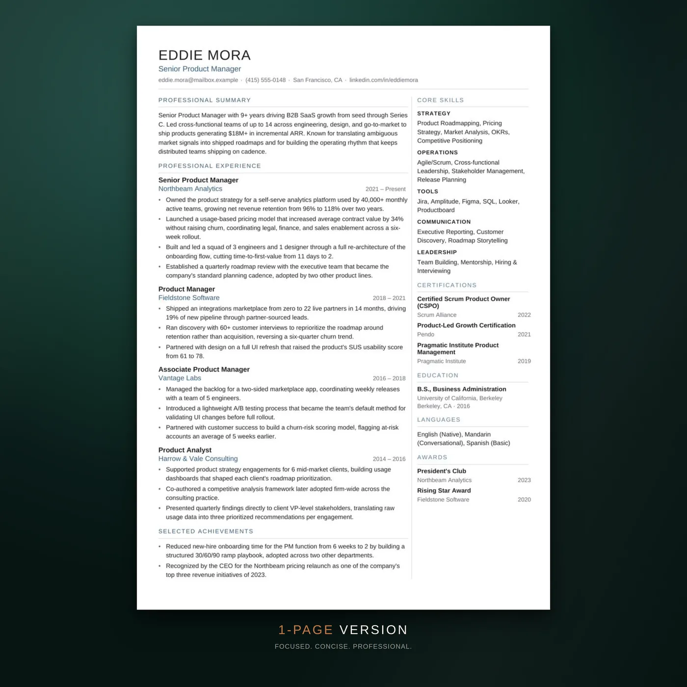 Modern résumé template — the one-page version of the résumé layout