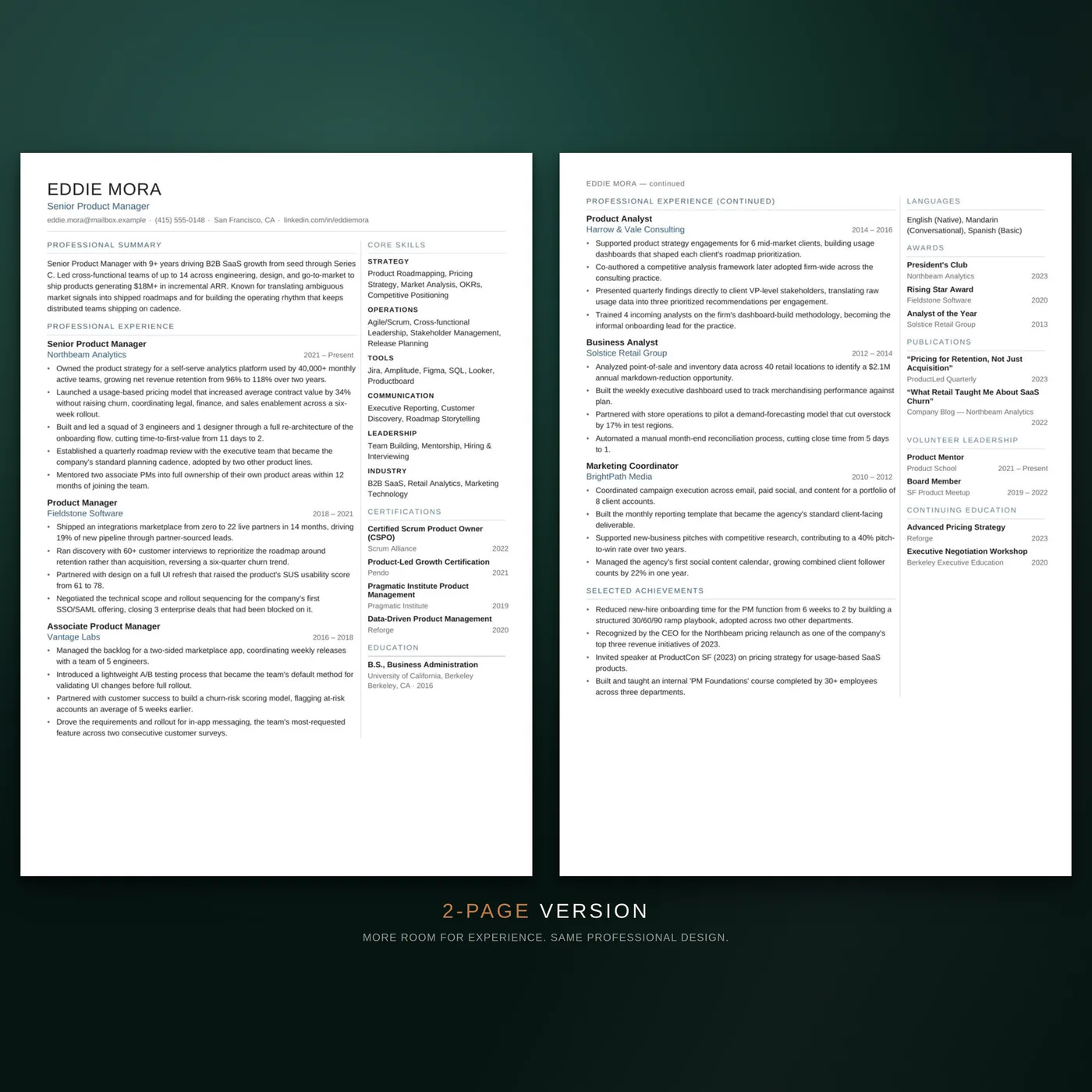 Modern résumé template — the two-page version of the résumé layout, shown as facing pages