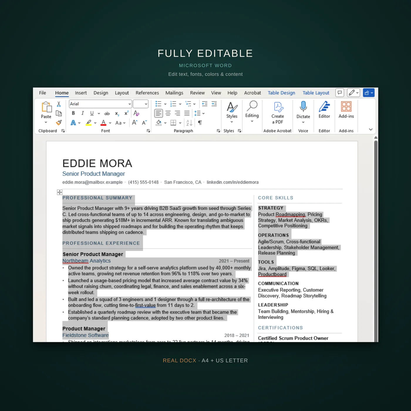 Modern résumé template — a callout that the template is fully editable in Microsoft Word