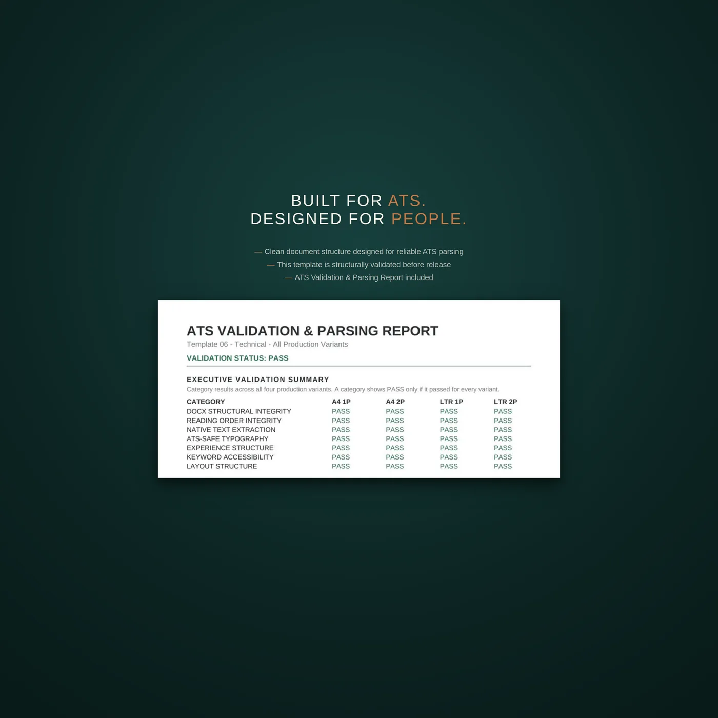Technical résumé template — an explainer slide on how the template is structured to pass applicant tracking systems