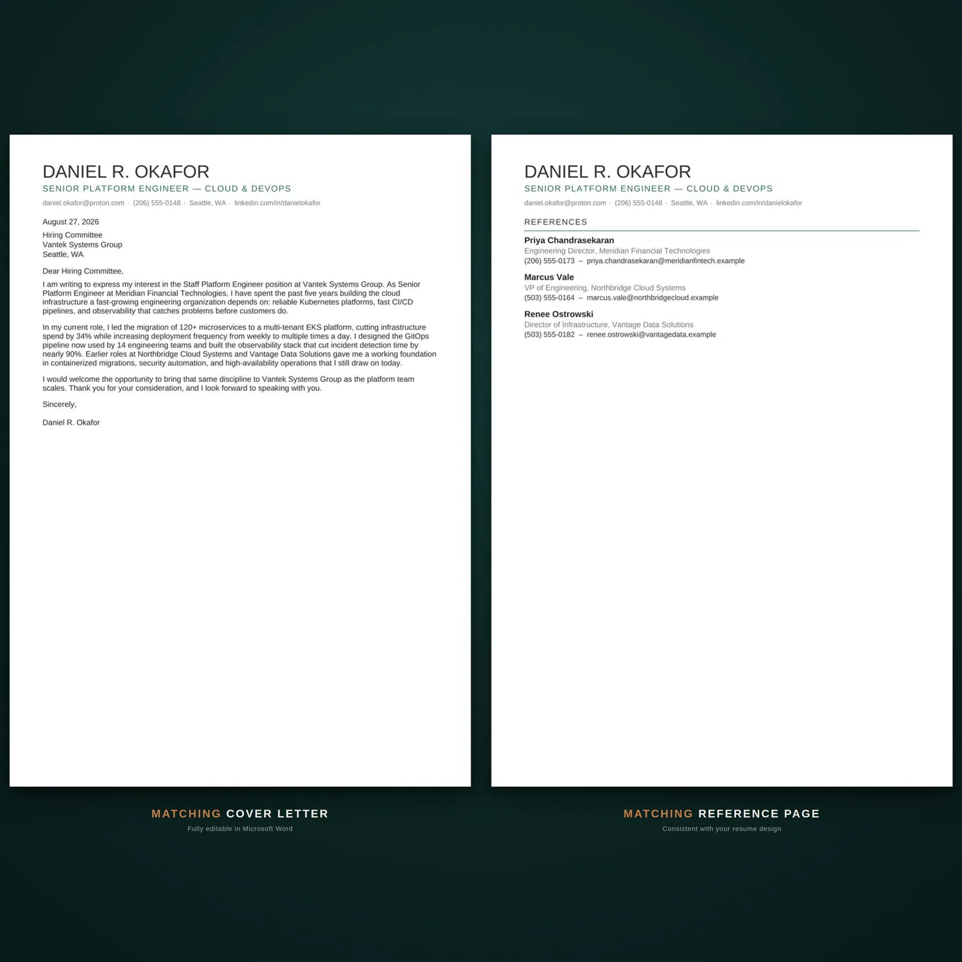 Technical résumé template — the coordinated cover letter and reference page documents