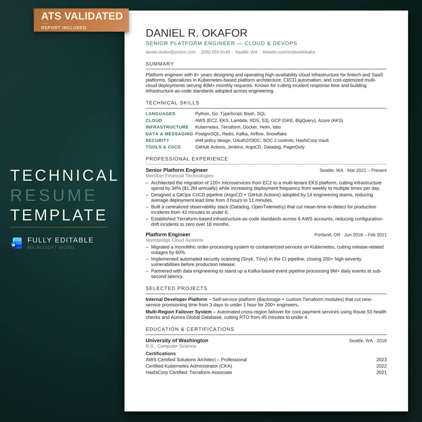 Technical résumé template — the listing hero image — the résumé on the RoberOnix deep-teal brand background with an ATS-validated badge