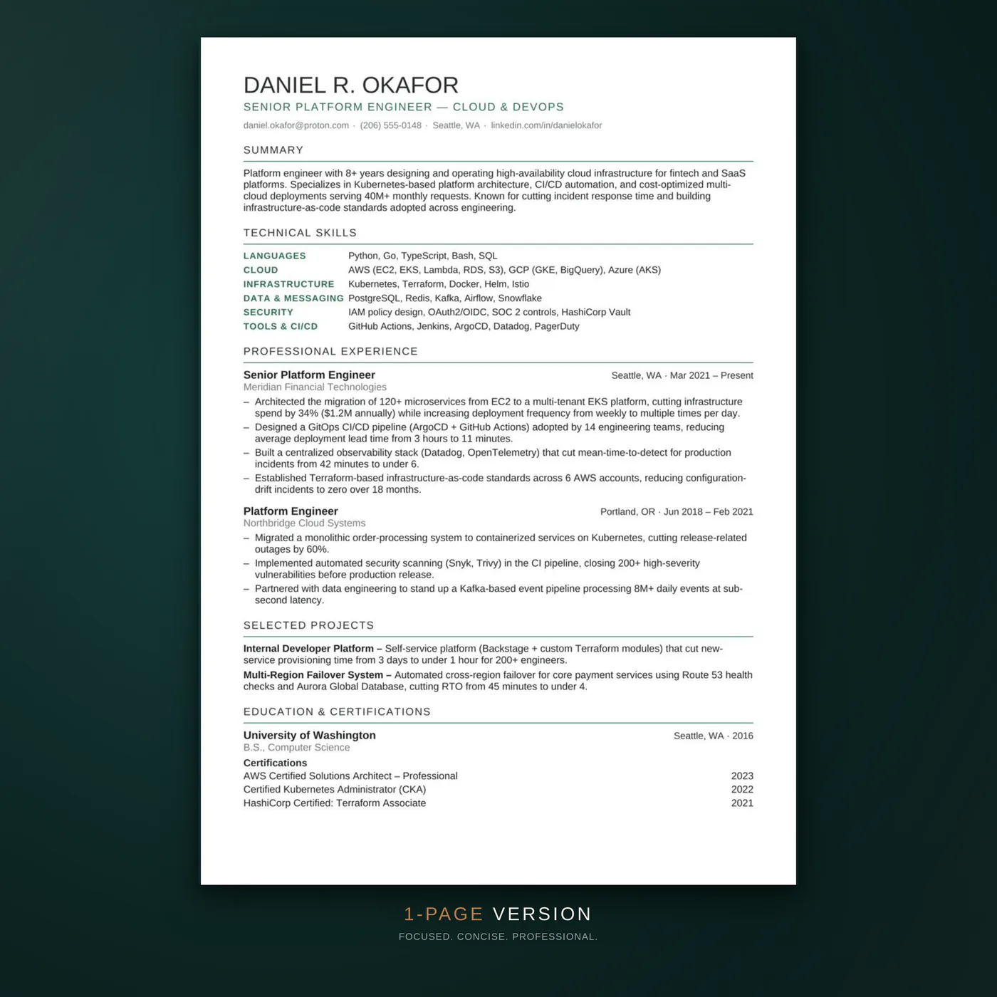 Technical résumé template — the one-page version of the résumé layout