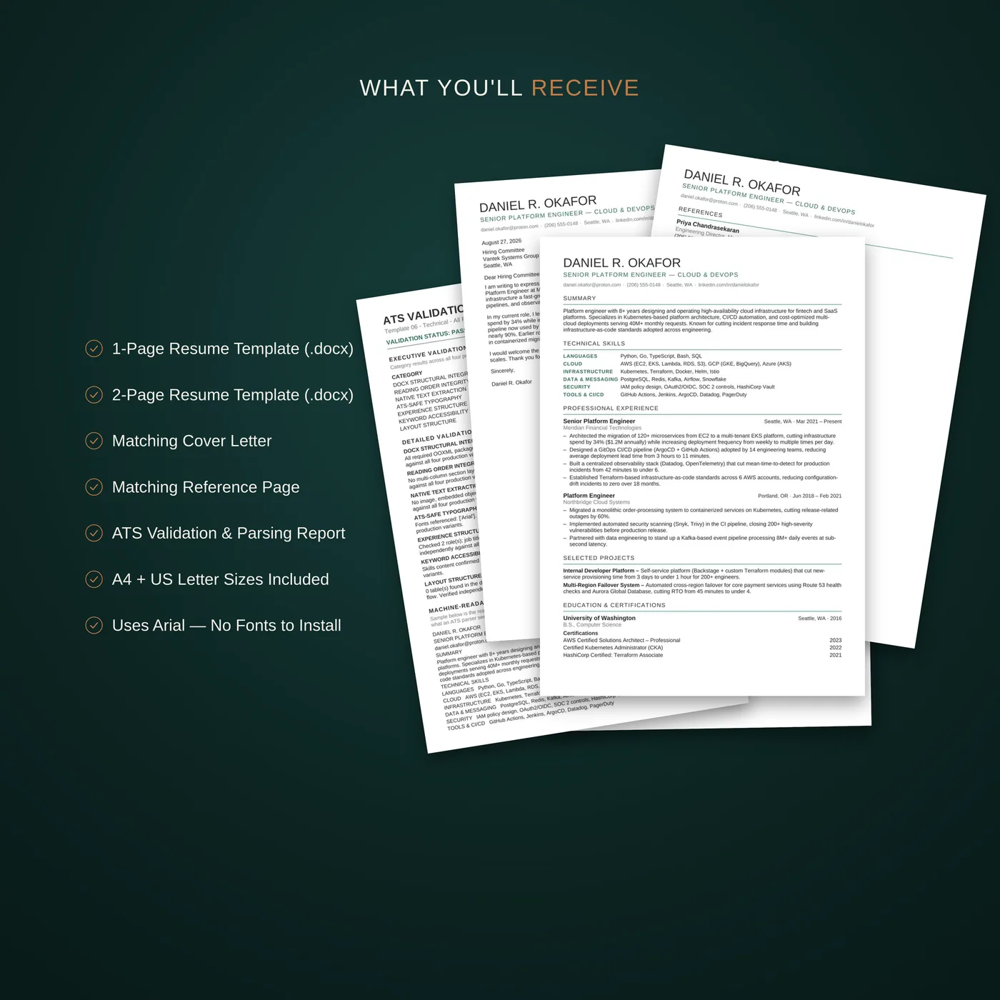 Technical résumé template — a breakdown of the files included in the bundle: résumés, cover letter, reference page, guide