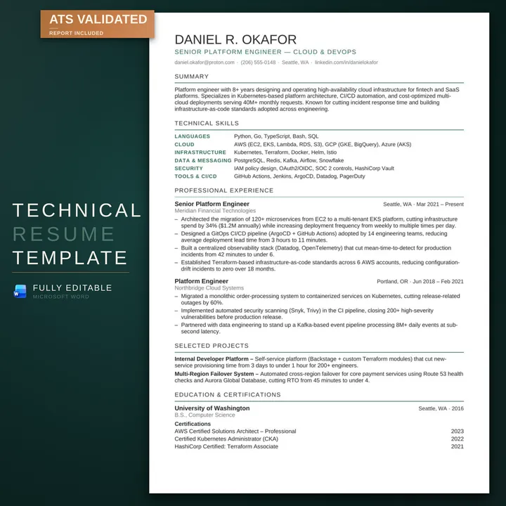 Technical résumé template — listing hero on the RoberOnix teal background