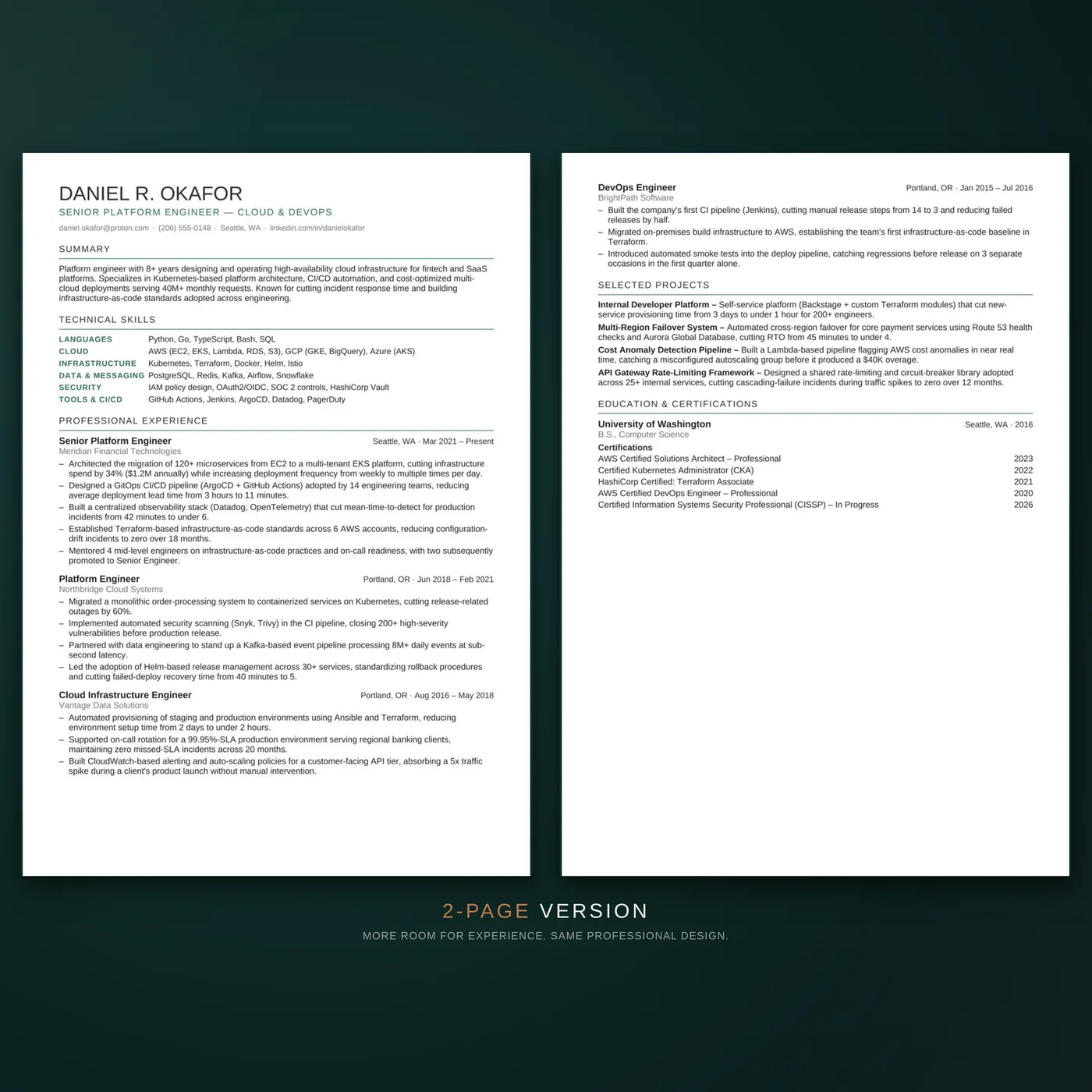 Technical résumé template — the two-page version of the résumé layout, shown as facing pages