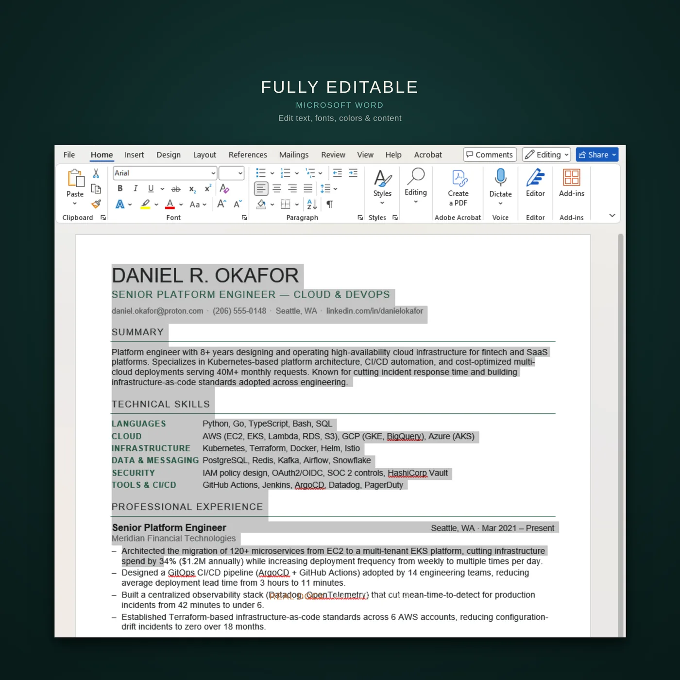Technical résumé template — a callout that the template is fully editable in Microsoft Word
